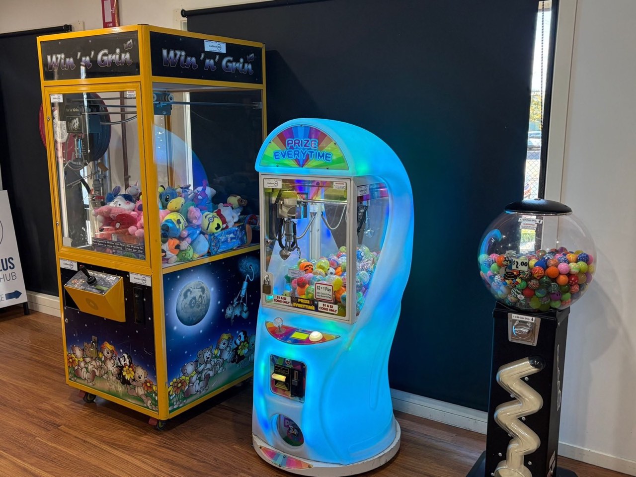 Claw machines and prize vending in the Rumble Tumbles arcade area